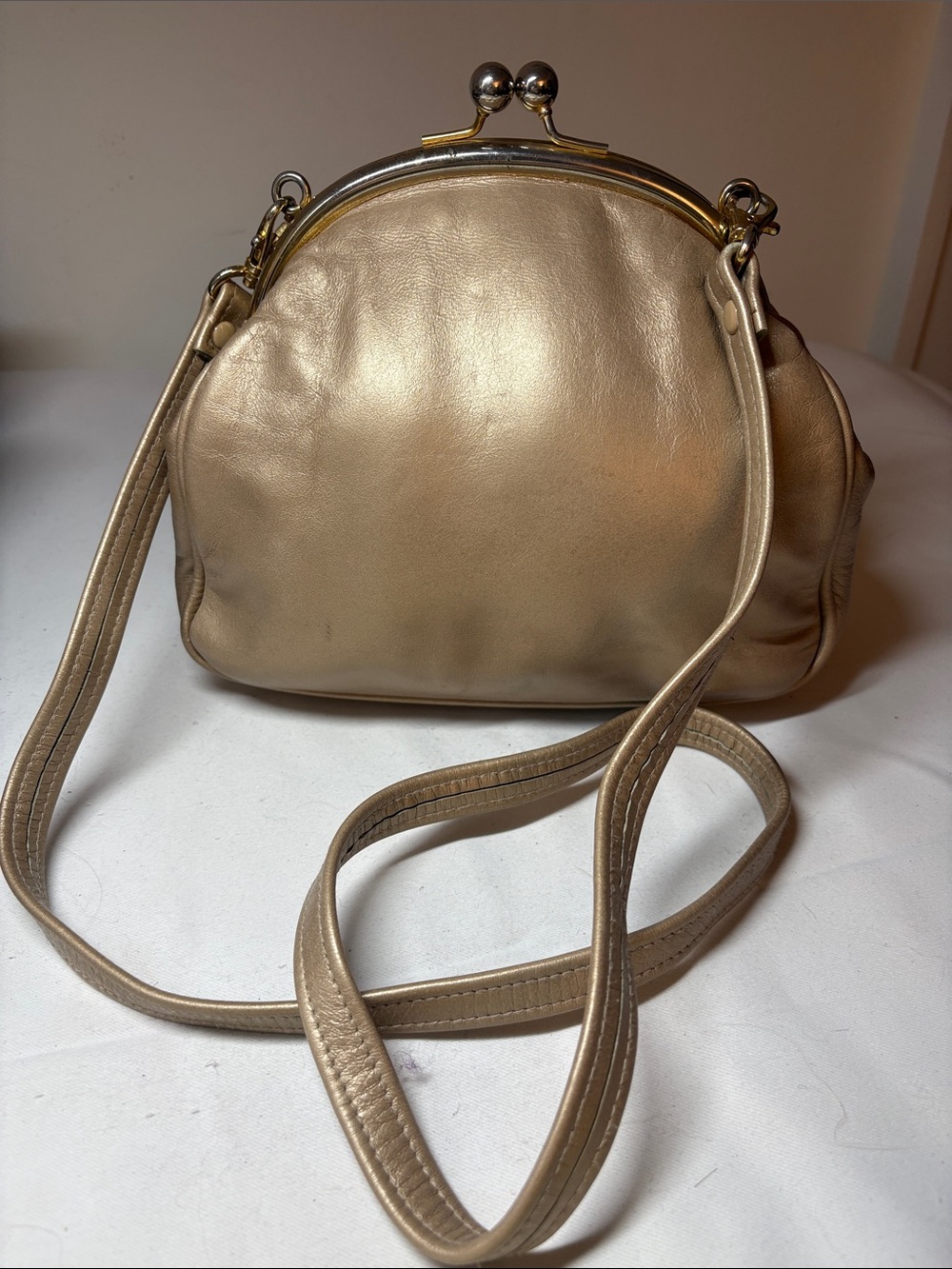 Jacqueline Ferrar Vintage Gold Kisslock Leather Crossbody Clutch